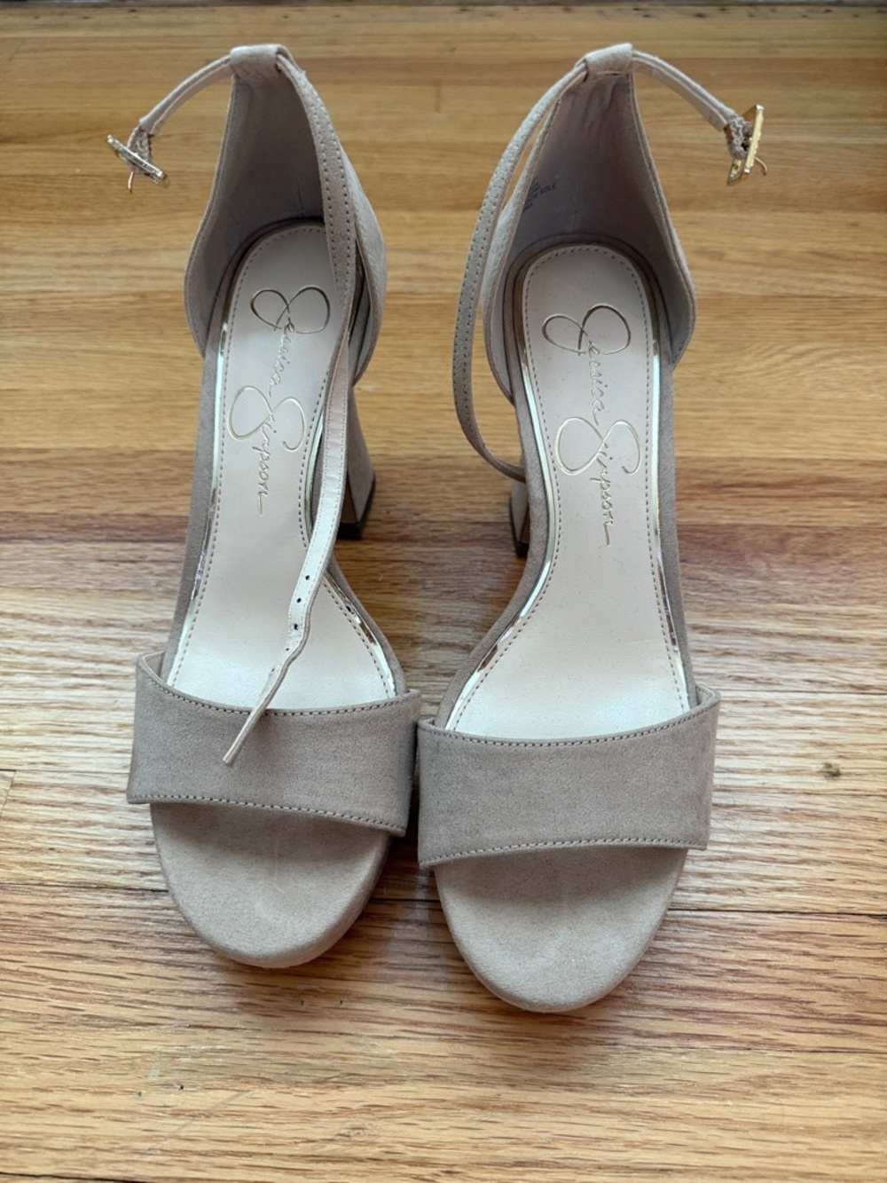 Jessica Simpson Taupe Suede Ankle-Strap Block Heels
